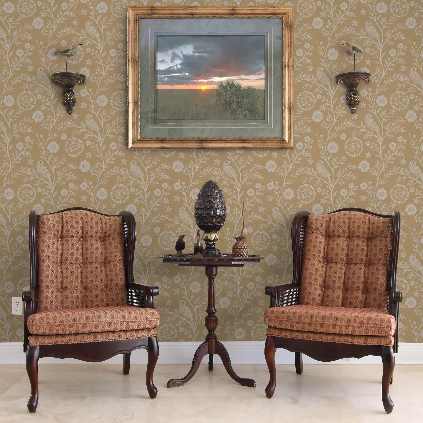 Valokuvatapetti Valkoinen lintu ja kukka valkoinen lintu ja kukka okranvärisellä pohjalla a00393