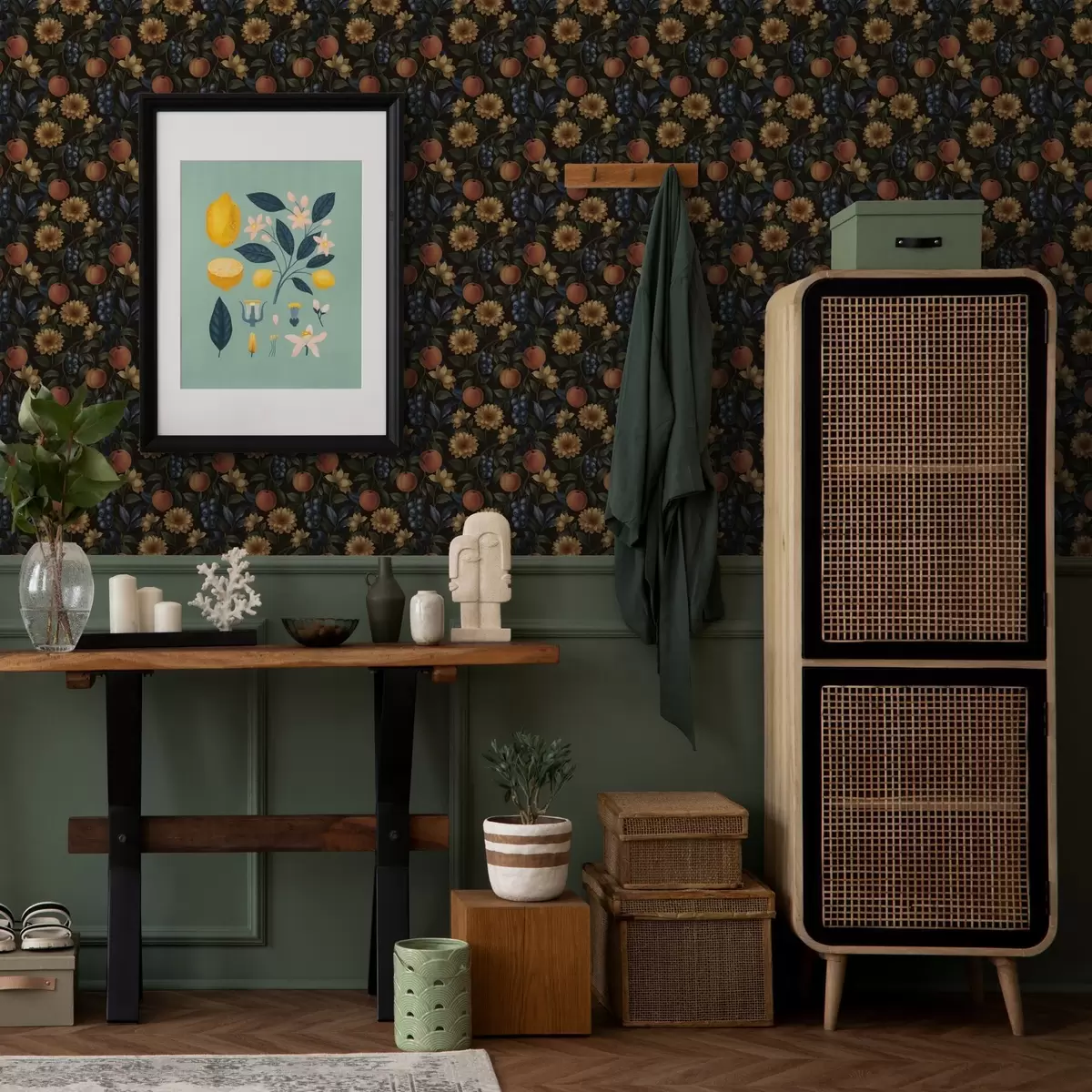 Taustakuva Hedelmät ja keltaiset kukat tummalla kasvitieteellisellä taustalla a00395