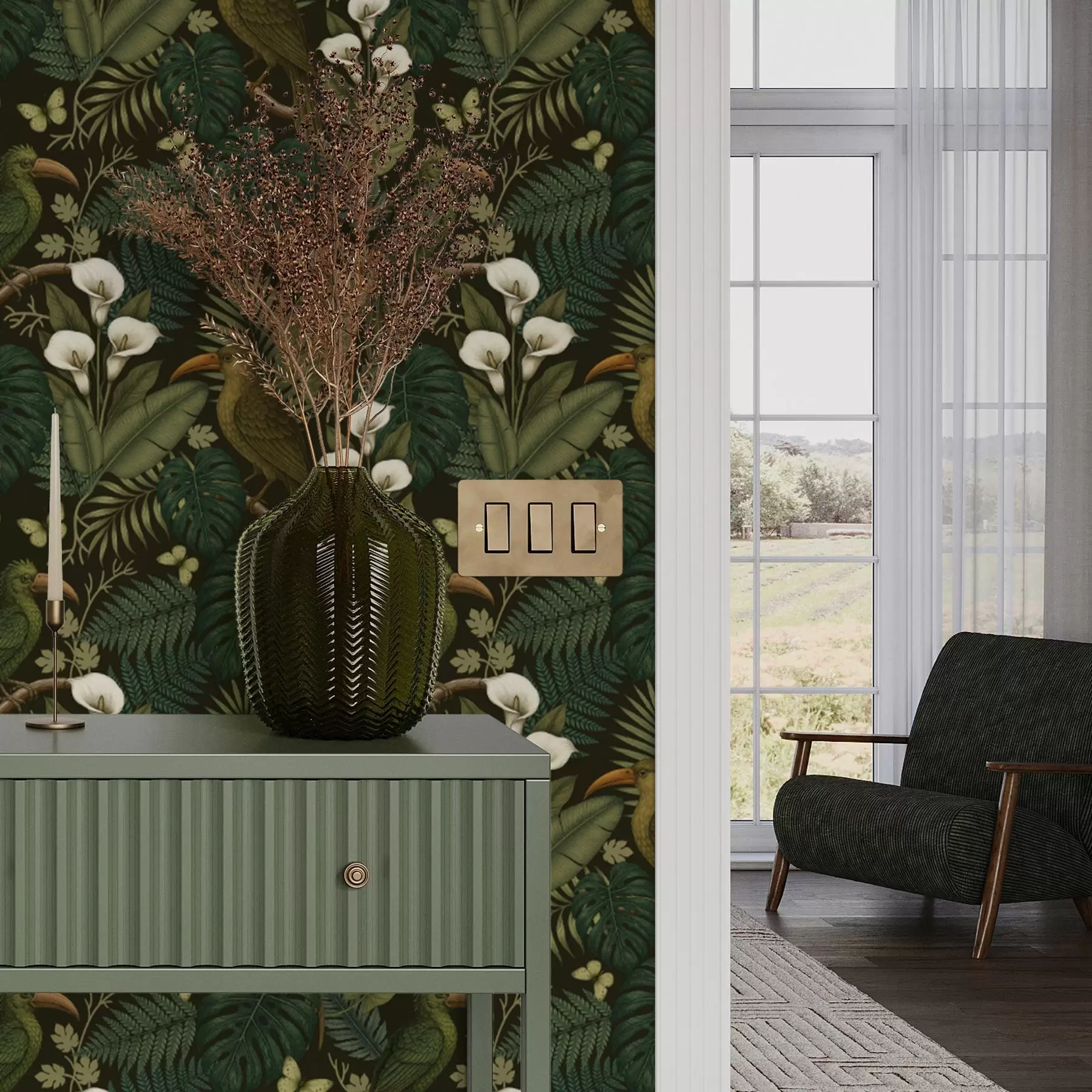 Valokuvatapetti Trooppisia lintuja ja rehevää vehreyttä tummalla viidakkotaustalla a00397