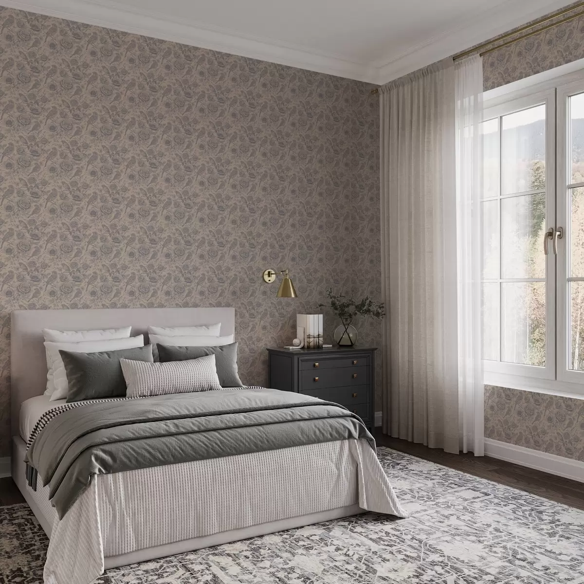 Taustakuva Vintage-lintuja ja kukkia pehmeällä beigellä taustalla a00423