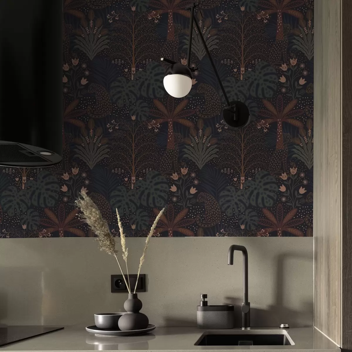 Taustakuva Tumma viidakko leopardien, palmujen ja kukkien kanssa a00424