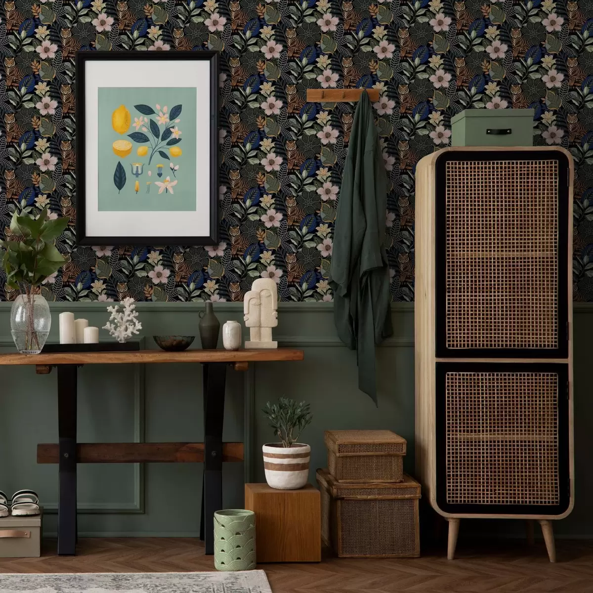 Taustakuva Tiikerit kirkkaiden trooppisten kukkien ja lehtien keskellä a00426