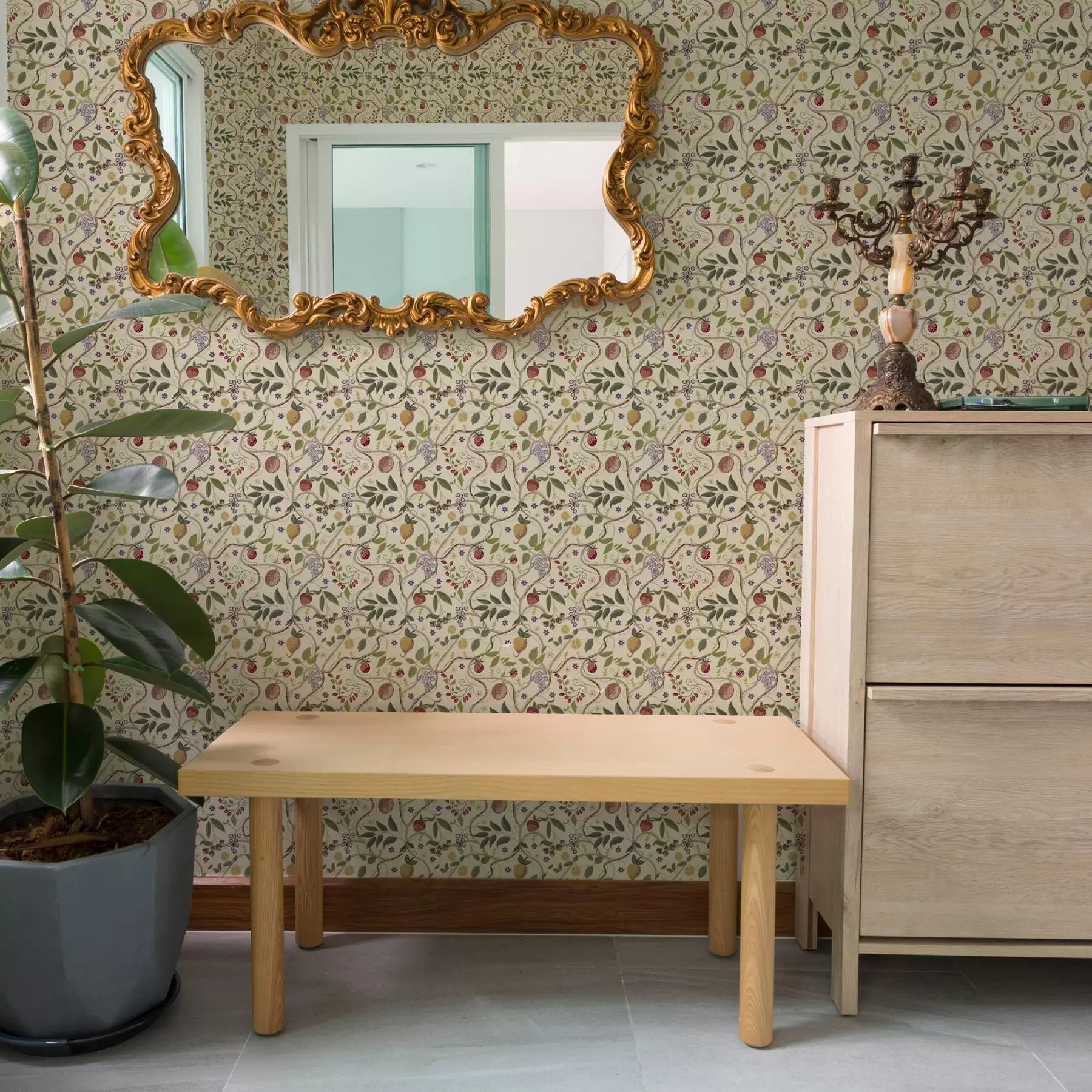 Valokuvatapetti Hedelmäkuvio marjoilla, oksilla ja kukilla a00428