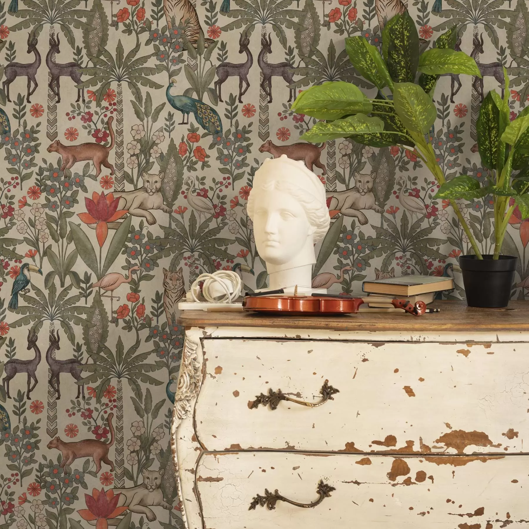 Valokuvatapetti Retro-tyyli: Vintage-tausta: Eläimiä ja kukkia vintage-taustalla a00431