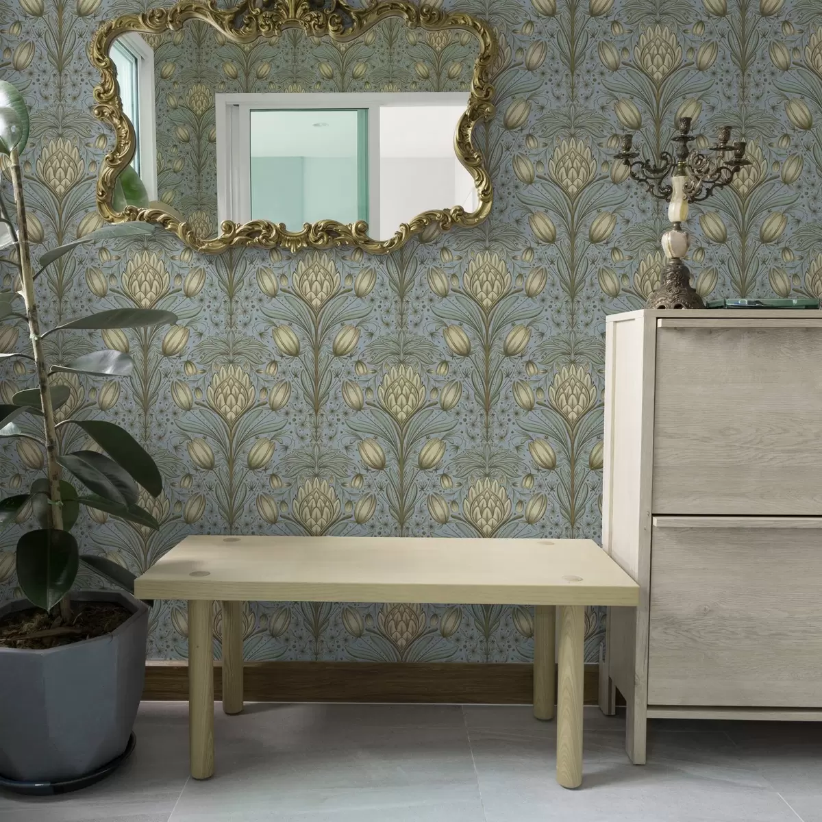 Taustakuva Sininen kuvio, jossa on artisokkia ja tulppaaneja a00435