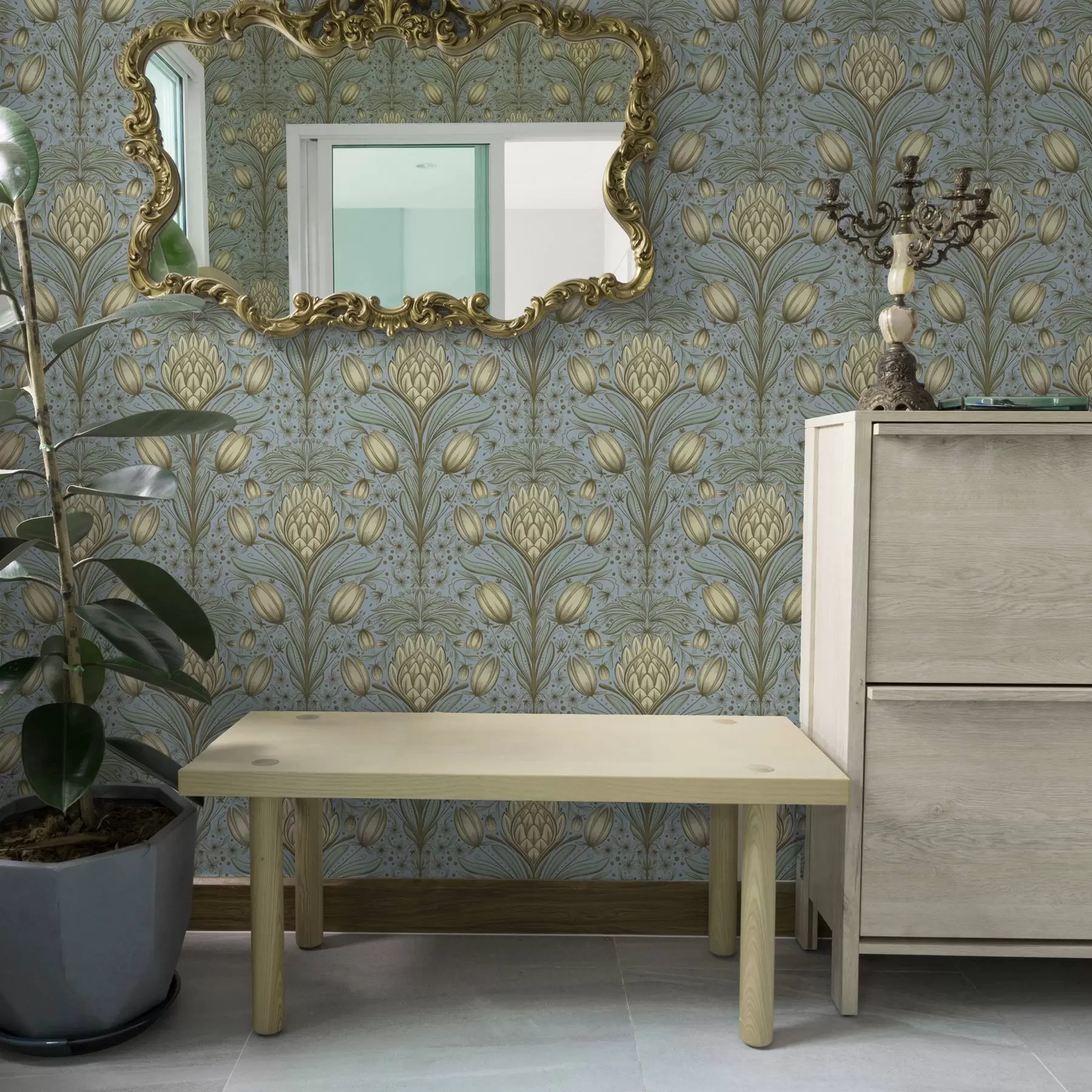 Valokuvatapetti Sininen kuvio, jossa on artisokkia ja tulppaaneja a00435