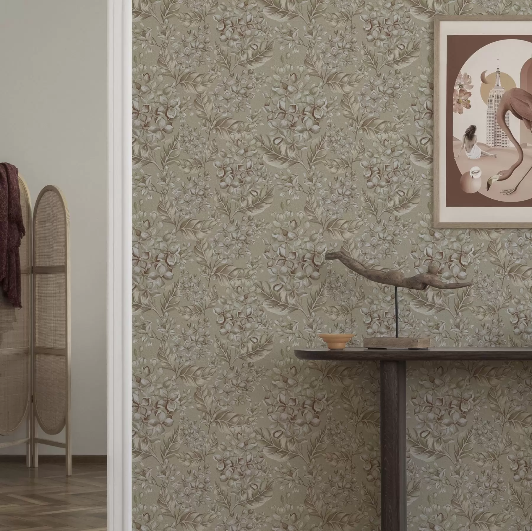 Valokuvatapetti Beige oksat valkoisilla kukilla lämpimissä sävyissä a00441