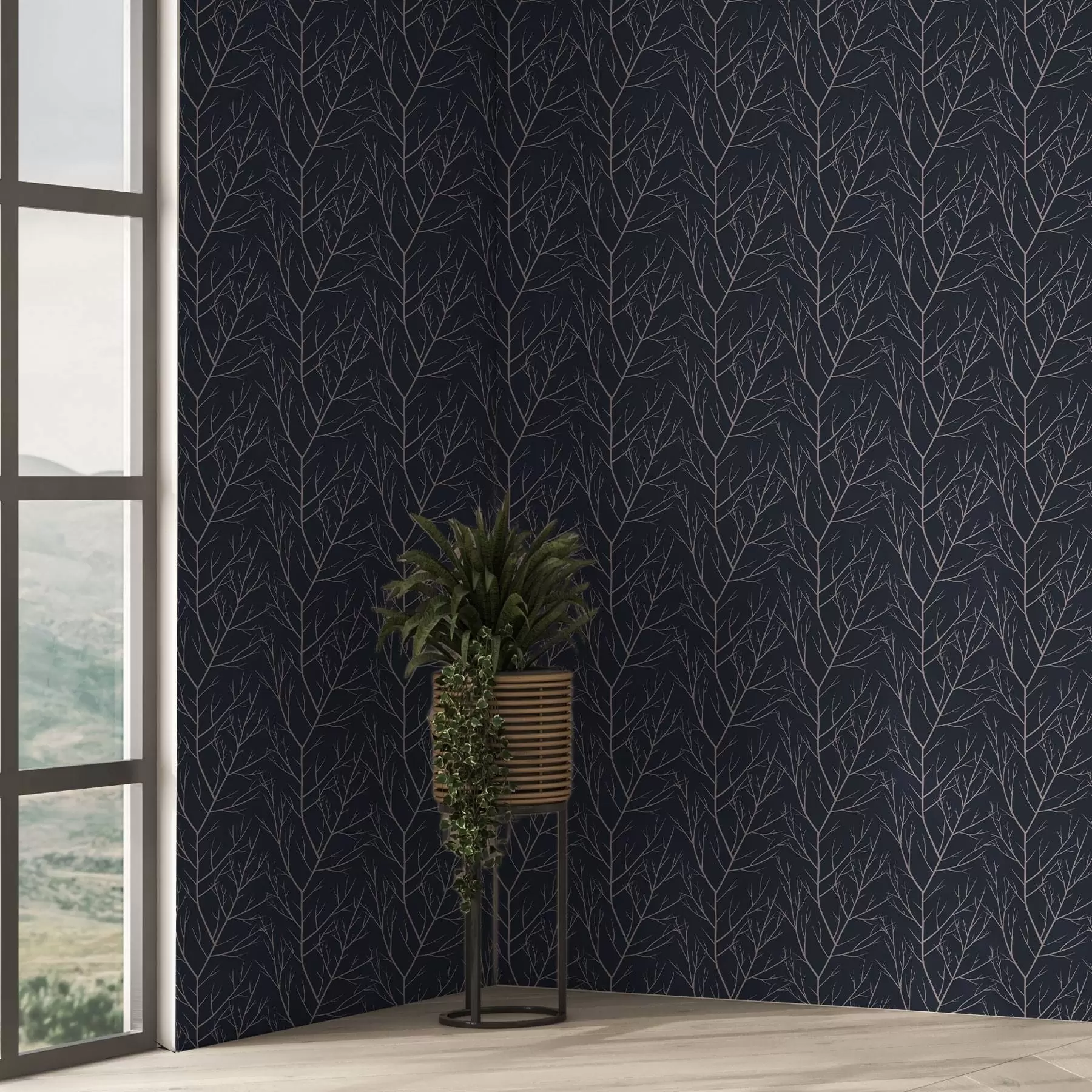 Valokuvatapetti Pehmeät punaiset oksat syvällä laivastonsinisellä pohjalla a00451