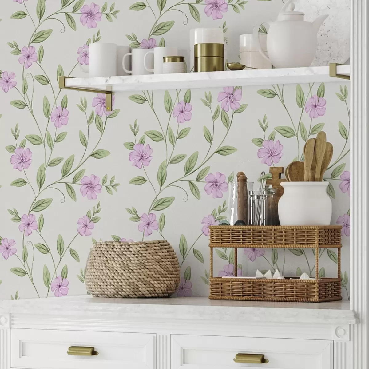 Taustakuva Vaaleanpunaisia kukkia ja vihreitä köynnöksiä kermanvärisellä pohjalla a00453