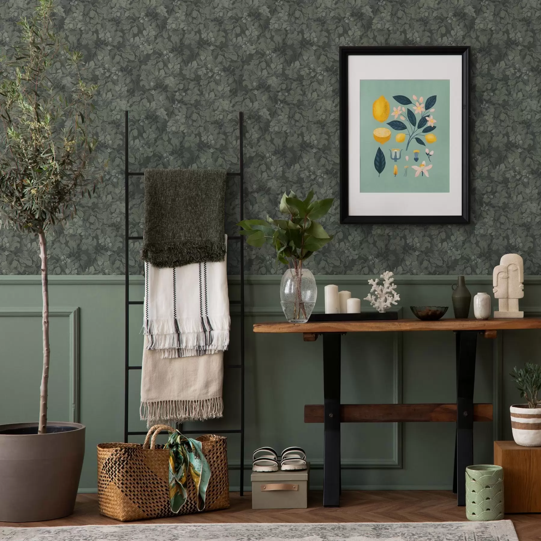 Valokuvatapetti Tummat lehdet, joiden tammenterhot ovat syvänvihreitä a00461