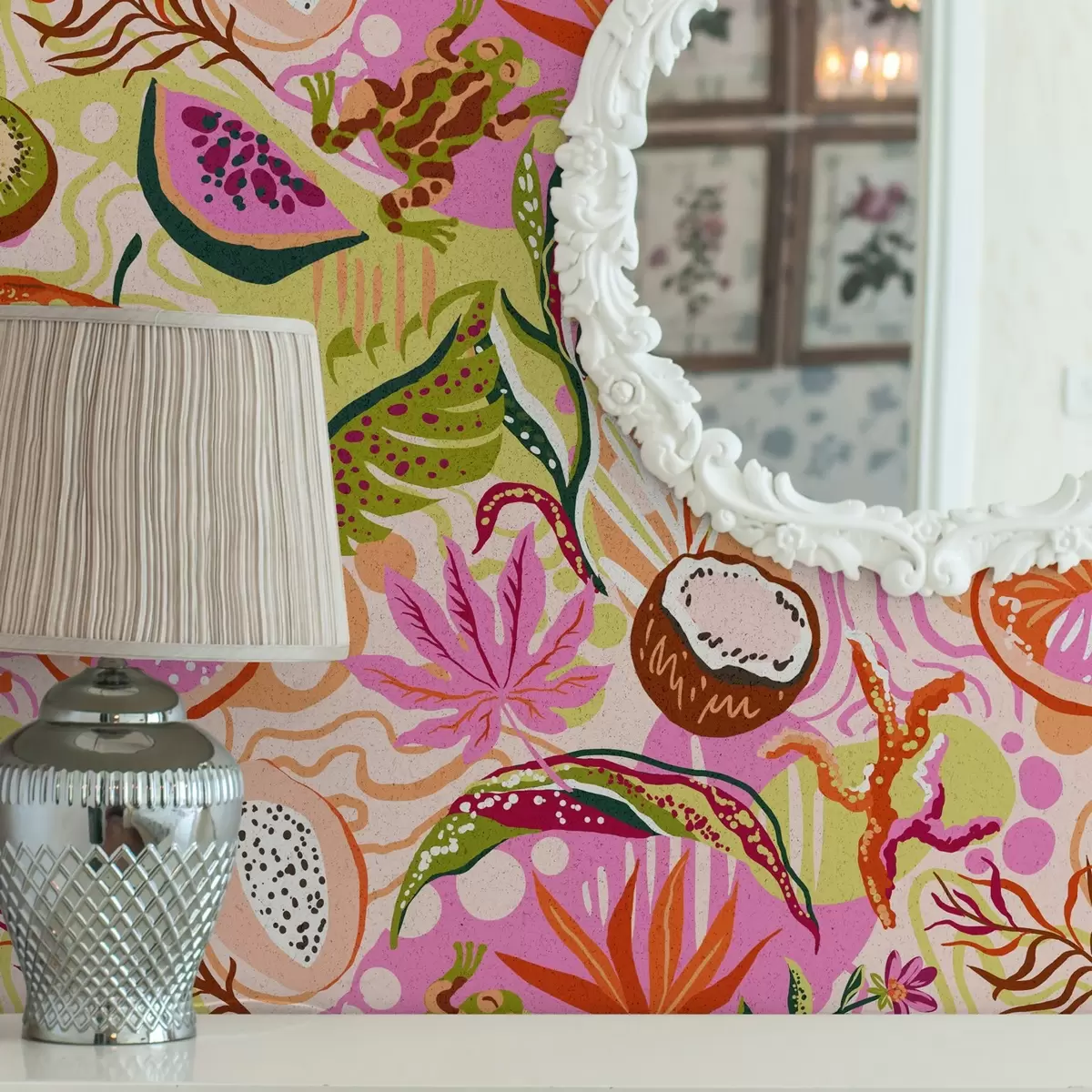 Taustakuva Eksoottisia hedelmiä, lehtiä ja kameleontteja trooppiseen tyyliin a00469