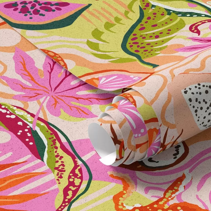 Valokuvatapetti Eksoottisia hedelmiä, lehtiä ja kameleontteja trooppiseen tyyliin a00469