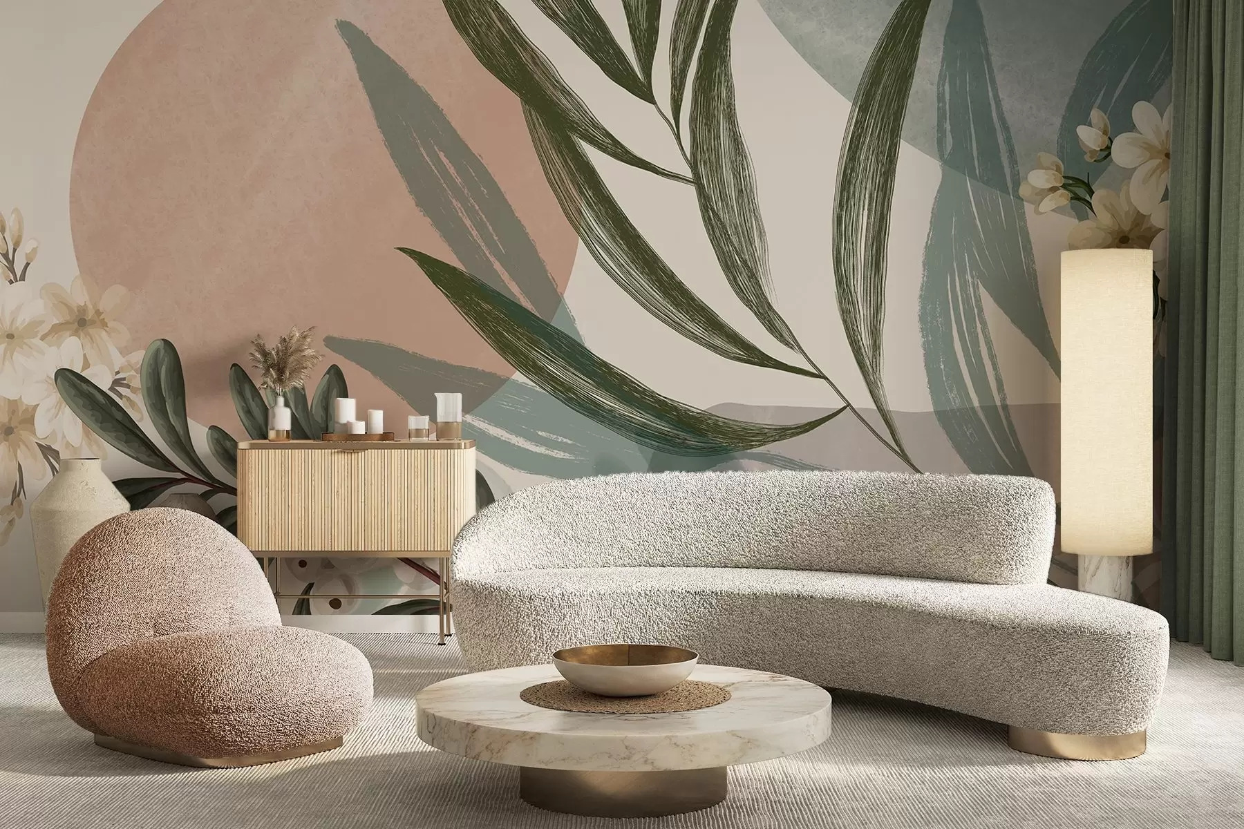 Valokuvatapetti Abstraktia kasvitieteellistä taidetta, jossa on vihreitä palmunlehtiä ja valkoisia marjoja, taustalla muotoja hillityissä maan sävyissä w09312