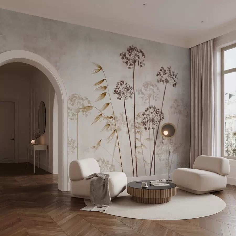 Valokuvatapetti Kuivatut kukat piirustus pitkillä varret, yksivärinen paletti, vastaan kuvioitu, vaalean beige tausta, kasvitieteellinen kuvitus w09314v1