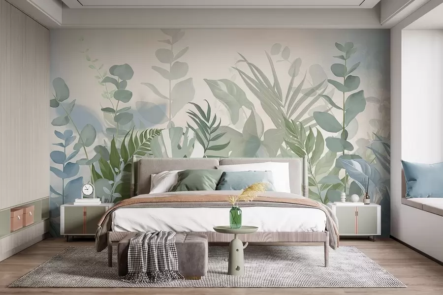 Valokuvatapetti Pastellivihreät kasvit saniaiset, monstera ja eukalyptus, kevyt kuvioitu tausta, pehmeä valaistus, rauhallinen , kasvitieteellinen kuvitus w09316
