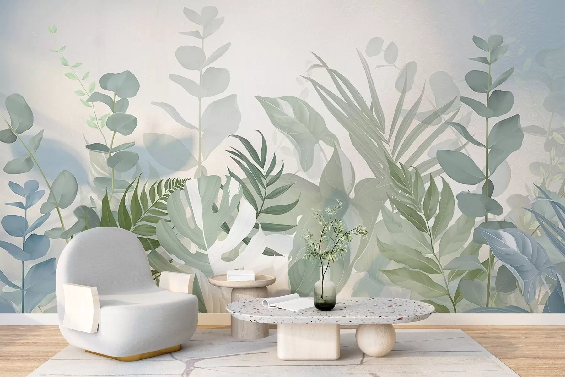 Valokuvatapetti Pastellivihreät kasvit saniaiset, monstera ja eukalyptus, kevyt kuvioitu tausta, pehmeä valaistus, rauhallinen , kasvitieteellinen kuvitus w09316