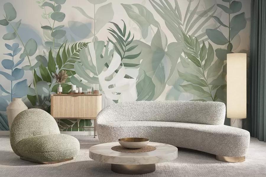 Valokuvatapetti Pastellivihreät kasvit saniaiset, monstera ja eukalyptus, kevyt kuvioitu tausta, pehmeä valaistus, rauhallinen , kasvitieteellinen kuvitus w09316