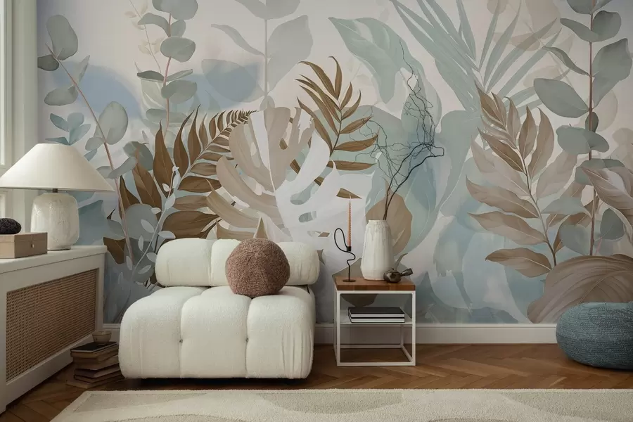 Valokuvatapetti Pastelli kasveja saniaisia, monstera ja eukalyptus, kevyt kuvioitu tausta, pehmeä valaistus, rauhallinen , kasvitieteellinen kuvitus w09316v1