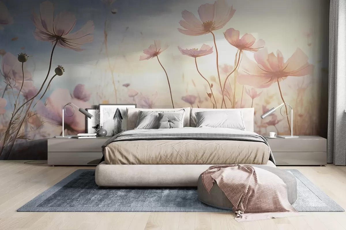 Valokuvatapetti Pitkävartisten vaaleanpunaisten kukkien kenttä pehmeää sinistä ja keltaista taivasta vasten luo unenomaisen tunnelman w09320