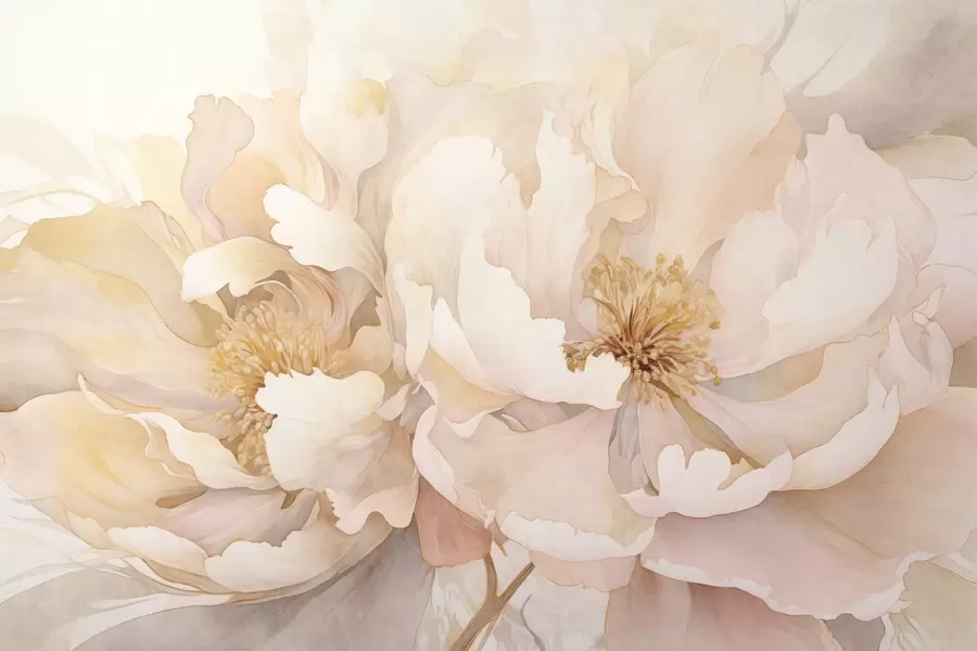 Valokuvatapetti Pioni kuvioitu kukkia, joissa on herkät terälehdet kerman persikan ja vaalean vaaleanpunaisen sävyissä, pehmeällä, vesivärimäisellä tekstuurilla w09321