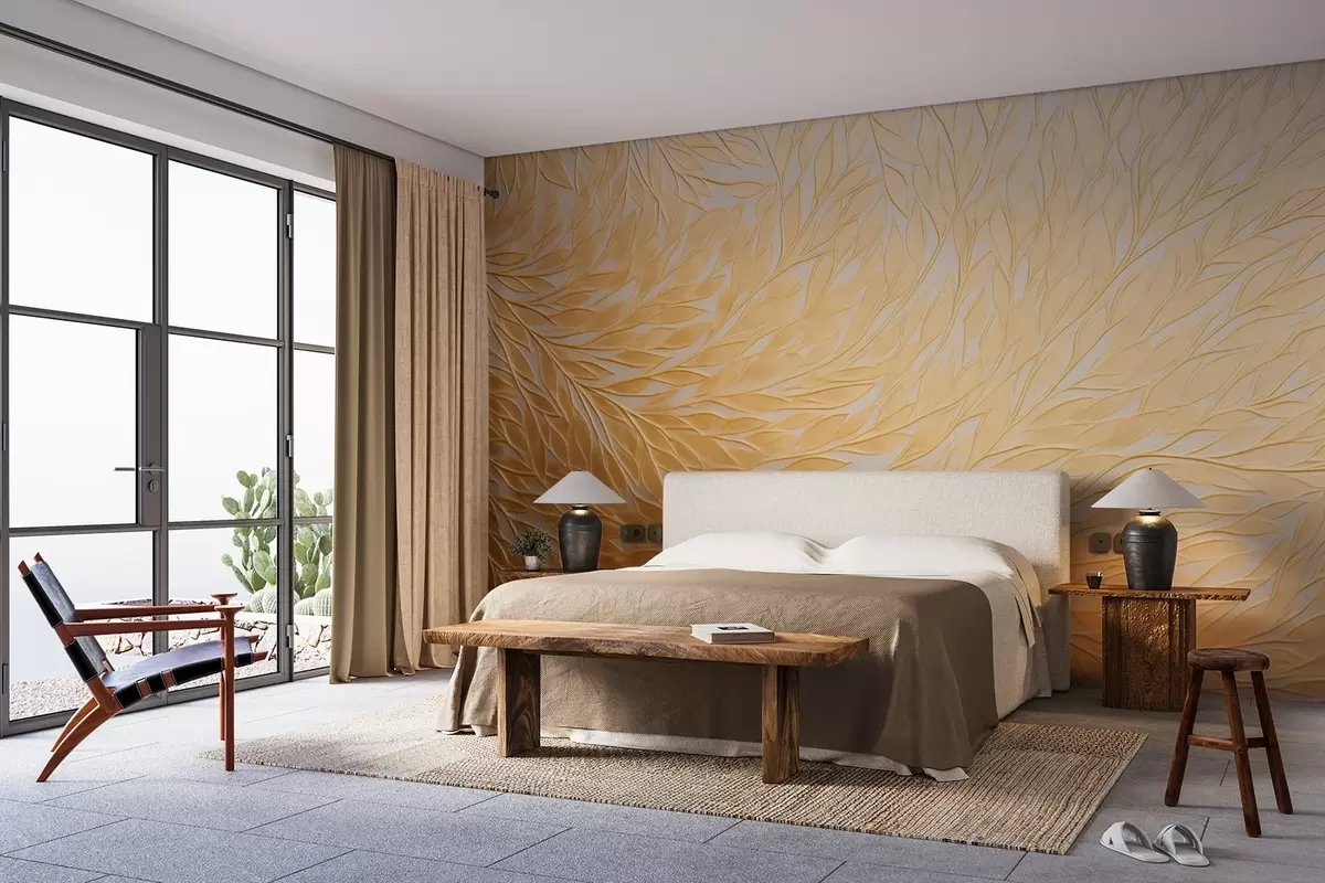 Valokuvatapetti Kohokuvioitu lehtikuvio lämpimissä hunajankeltaisissa sävyissä w09325