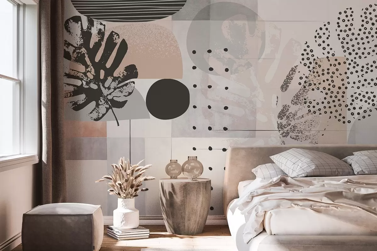 Valokuvatapetti Abstrakti tuloste, jossa on geometrisia muotoja ja monstera trooppisia lehtiä, ympyröitä, pisteitä ja viivoja, moderni ja minimalistinen muotoilu w09333