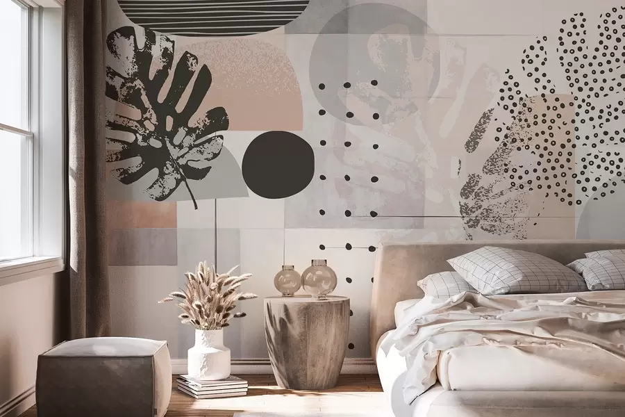 Valokuvatapetti Abstrakti tuloste, jossa on geometrisia muotoja ja monstera trooppisia lehtiä, ympyröitä, pisteitä ja viivoja, moderni ja minimalistinen muotoilu w09333