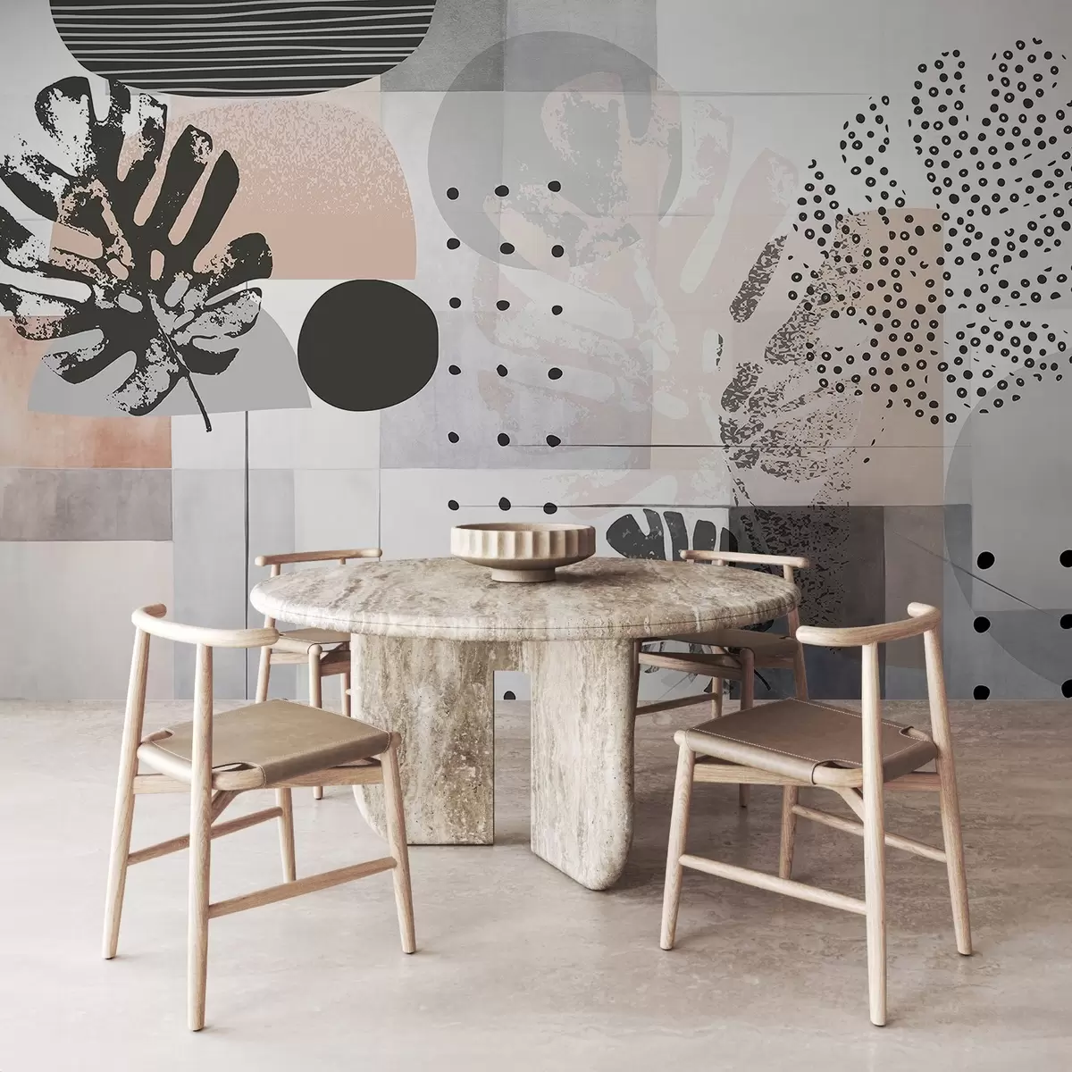 Valokuvatapetti Abstrakti tuloste, jossa on geometrisia muotoja ja monstera trooppisia lehtiä, ympyröitä, pisteitä ja viivoja, moderni ja minimalistinen muotoilu w09333