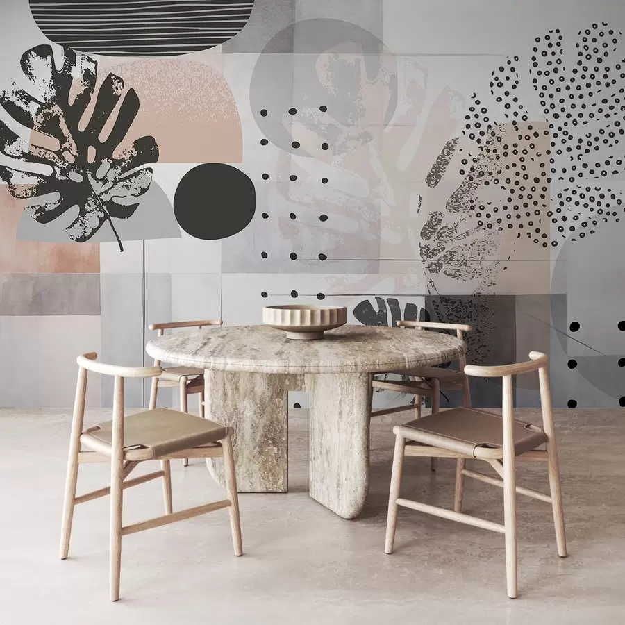 Valokuvatapetti Abstrakti tuloste, jossa on geometrisia muotoja ja monstera trooppisia lehtiä, ympyröitä, pisteitä ja viivoja, moderni ja minimalistinen muotoilu w09333