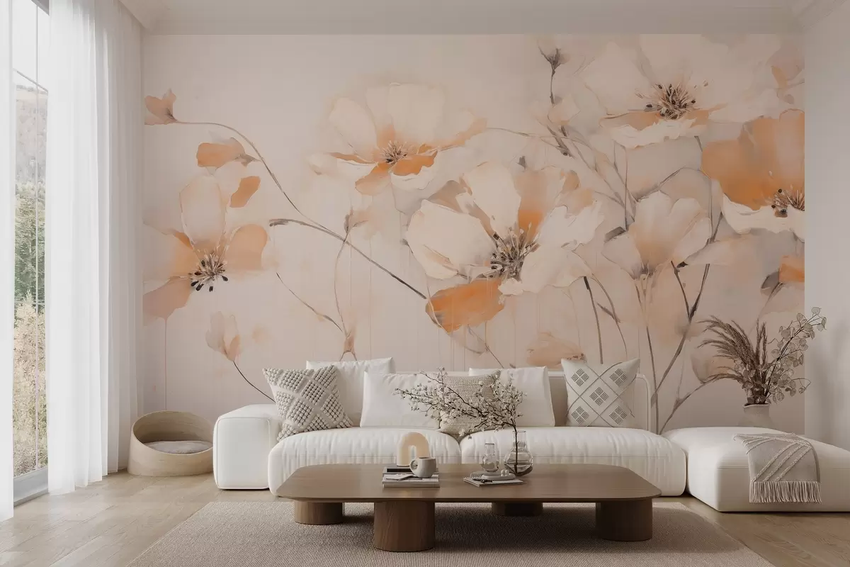 Valokuvatapetti Valkoiset ja oranssit kuvioidut kukat pitkillä varsilla, vaalea tausta, pehmeät värit, elegantti sommittelu, herkät siveltimenvedot w09335