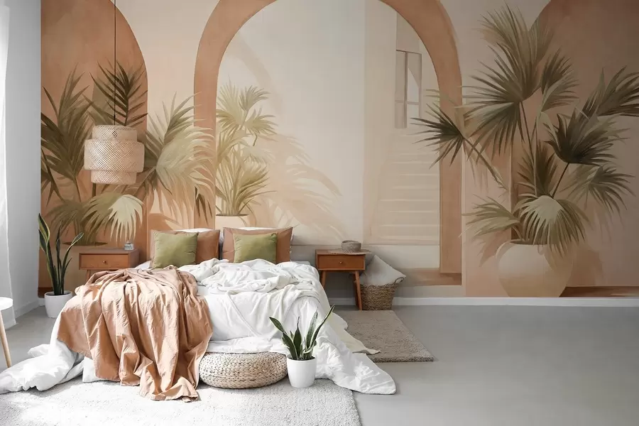 Valokuvatapetti Kuvioidut kaaret ruukkukasveilla, vaalean beige väripaletti, minimalistinen muotoilu, taustalla portaikko w09339