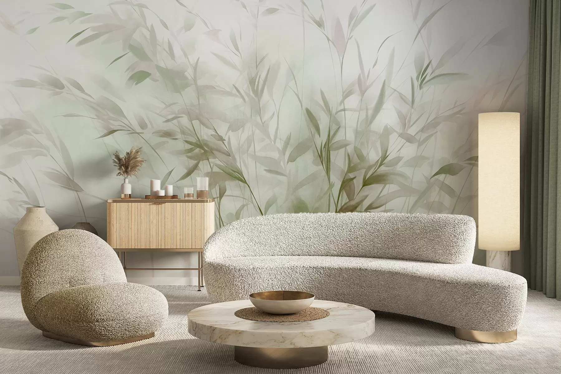 Valokuvatapetti Ruohoa ja rikkaruohoja, joissa on ohuet lehdet ja varret, vaaleanvihreät ja ruskeat värit, pehmeät ja herkät siveltimenvedot, minimalistinen tuloste w09342