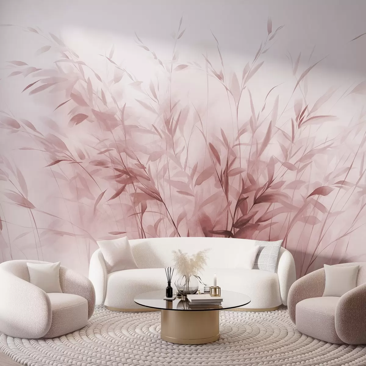 Valokuvatapetti Ruohoa ja rikkaruohoja, joissa on ohuet lehdet ja varret, vaaleanpunaiset värit, pehmeät ja herkät siveltimenvedot, minimalistinen painatus w09342v2