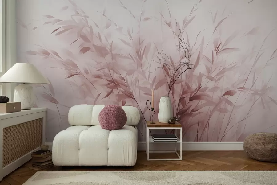 Valokuvatapetti Ruohoa ja rikkaruohoja, joissa on ohuet lehdet ja varret, vaaleanpunaiset värit, pehmeät ja herkät siveltimenvedot, minimalistinen painatus w09342v2
