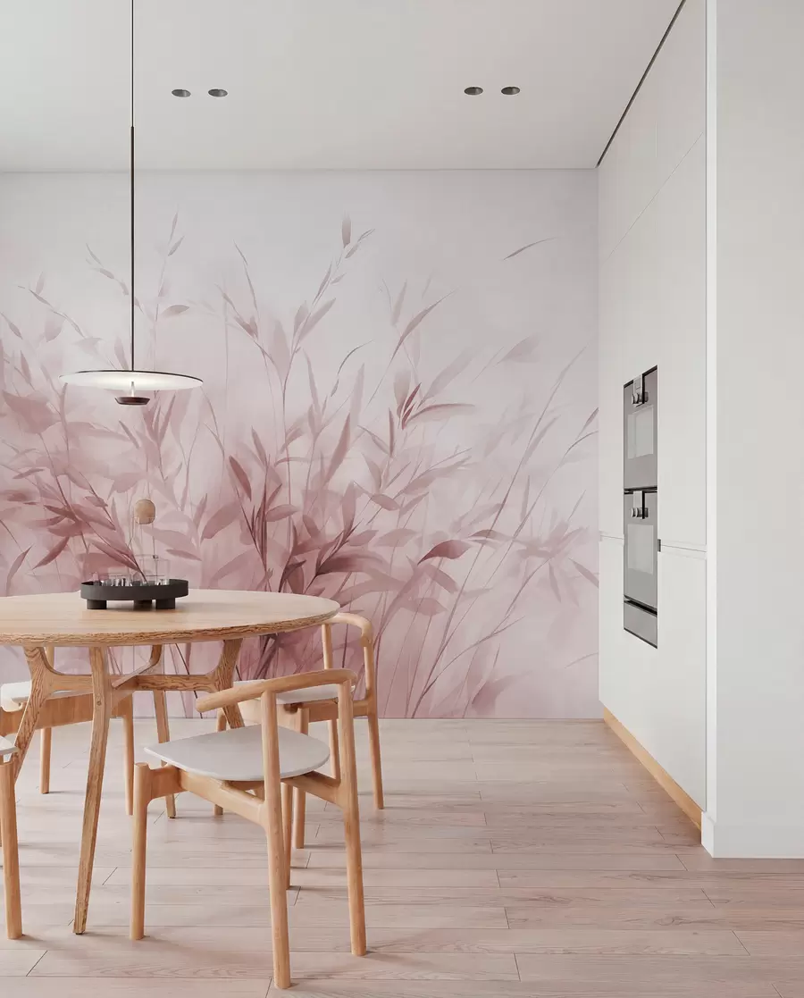 Valokuvatapetti Ruohoa ja rikkaruohoja, joissa on ohuet lehdet ja varret, vaaleanpunaiset värit, pehmeät ja herkät siveltimenvedot, minimalistinen painatus w09342v2
