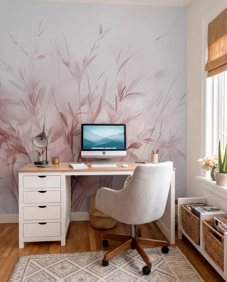 Valokuvatapetti Ruohoa ja rikkaruohoja, joissa on ohuet lehdet ja varret, vaaleanpunaiset värit, pehmeät ja herkät siveltimenvedot, minimalistinen painatus w09342v2