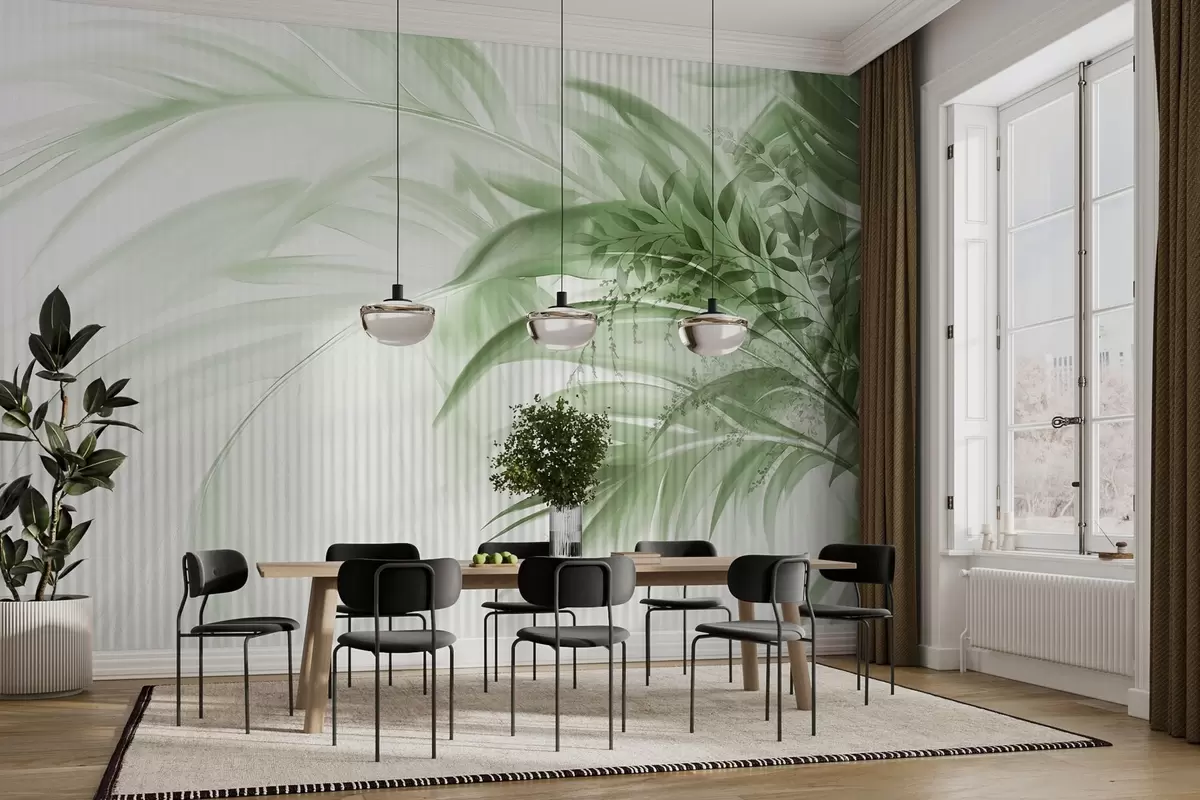 Valokuvatapetti Palmun trooppisen vihreät lehdet valkoisella raidallisella taustalla, pehmeä valaistus, herkät siveltimenvedot, orgaaniset muodot w09343