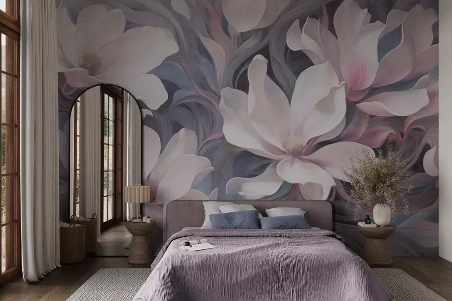 Valokuvatapetti Kuvioitu maalaus valkoisista magnolian kukista, joissa on vaaleanpunaisia aksentteja, taustana pyörteinen, vaimea sininen ja harmaa sävyjä w09344