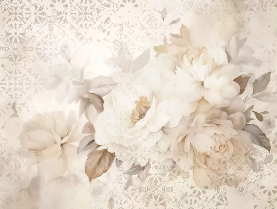 Valokuvatapetti Kukka-asetelma, jossa on valkoisia pioneita ja beigejä lehtiä, koristeellinen tausta, jossa on vintage-tekstuuri w09345