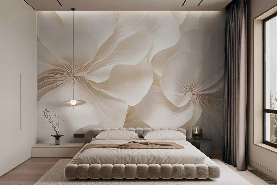 Valokuvatapetti Lähikuva kermaisen kuvioitu kukkia, joissa on herkkiä, virtaavia terälehtiä, luoden pehmeän, tyylikkään ja kuvioidun kukka-asetelman w09346