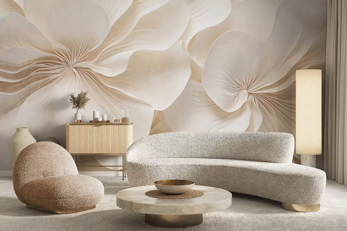 Valokuvatapetti Lähikuva kermaisen kuvioitu kukkia, joissa on herkkiä, virtaavia terälehtiä, luoden pehmeän, tyylikkään ja kuvioidun kukka-asetelman w09346