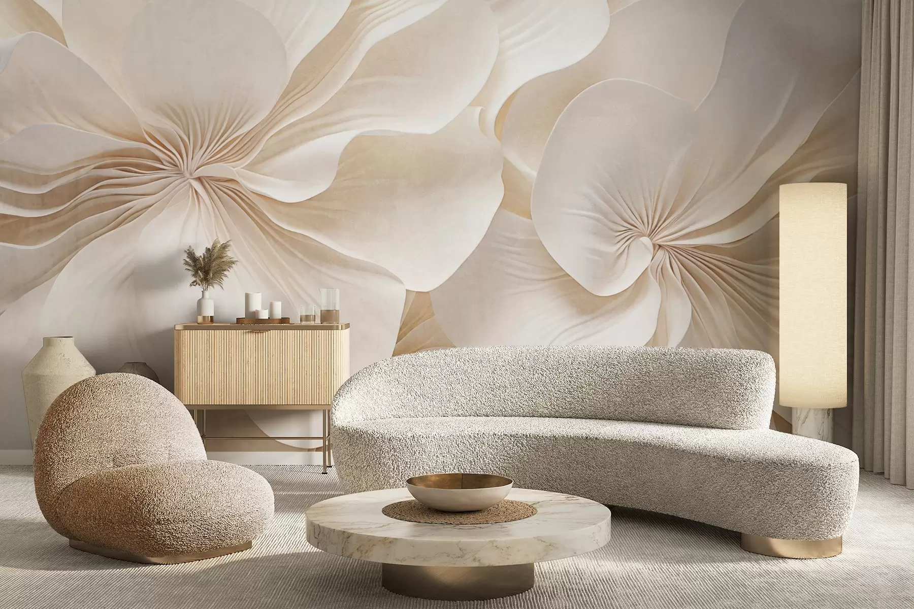 Valokuvatapetti Lähikuva kermaisen kuvioitu kukkia, joissa on herkkiä, virtaavia terälehtiä, luoden pehmeän, tyylikkään ja kuvioidun kukka-asetelman w09346