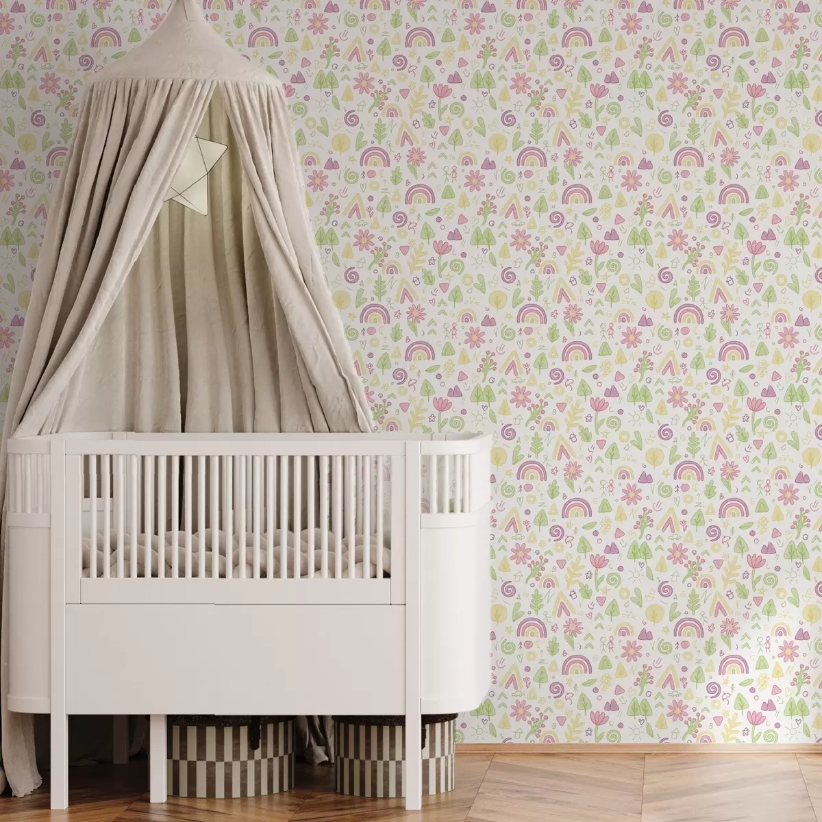 Taustakuva Lasten piirustus, jossa on sateenkaaria, kukkia ja puita a00296