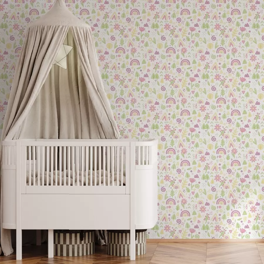 Valokuvatapetti Lasten piirustus, jossa on sateenkaaria, kukkia ja puita a00296