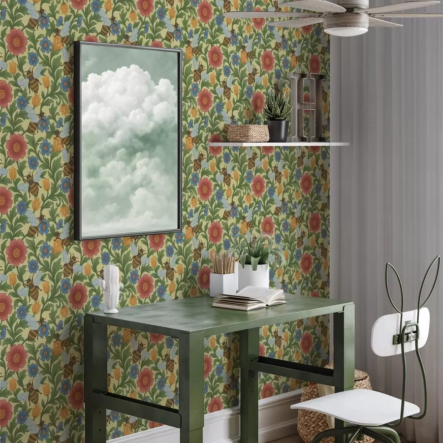 Valokuvatapetti Kirkkaat kukat ja suuret mehiläiset a00315