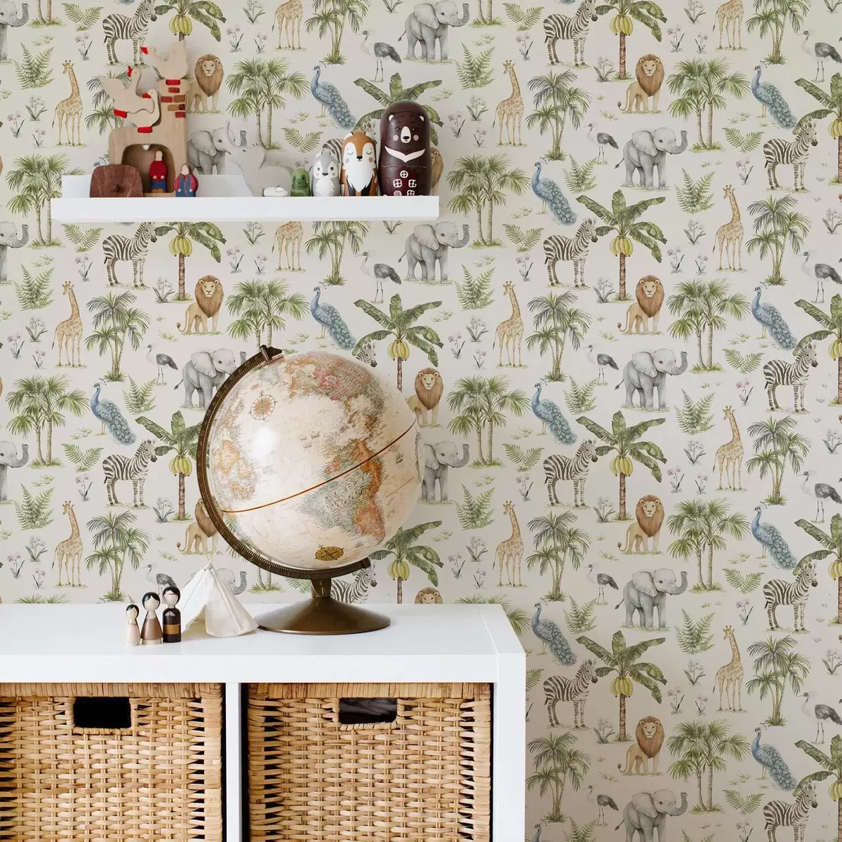 Taustakuva Afrikkalaisia eläimiä palmujen ja eksoottisten kasvien keskellä a00321