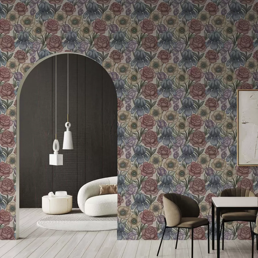 Valokuvatapetti Suuret kukkakuvitukset, joissa on iirikset ja pionit a00325