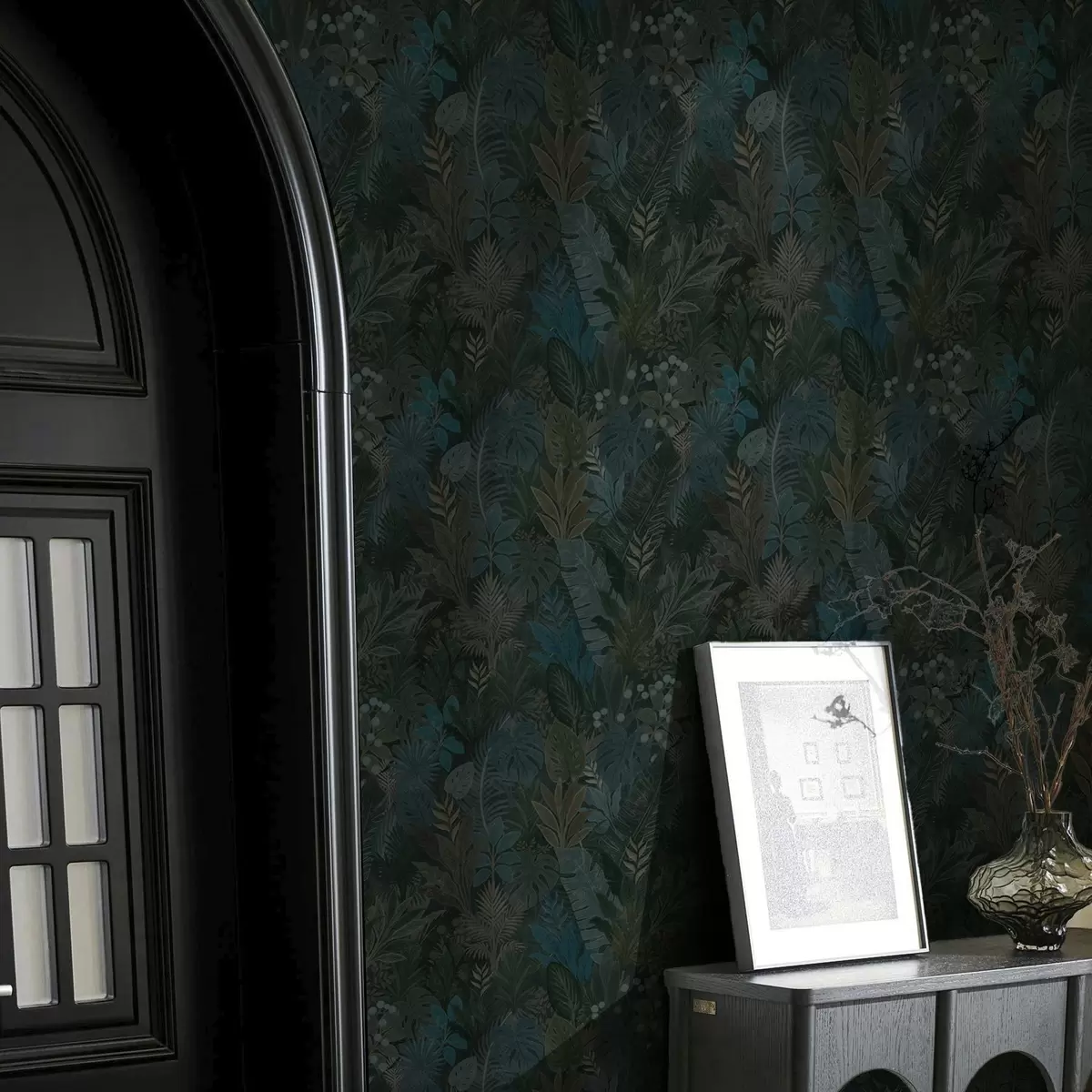 Taustakuva Tummanvihreä trooppinen lehdistö sinisillä aksenteilla a00327