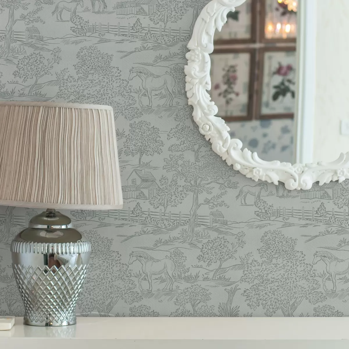 Taustakuva Vihreä yksivärinen maisema, jossa on hevosia ja mökkejä a00407