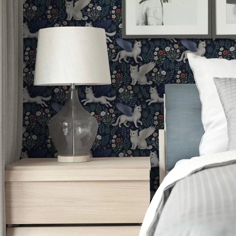 Valokuvatapetti Fantasia kissat siivet kukkien keskellä a00408